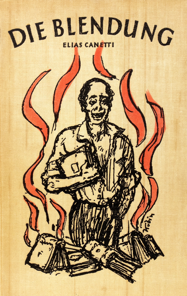 Binding of the 1936 first edition of Die Blendung, showing a man clutching books among flames