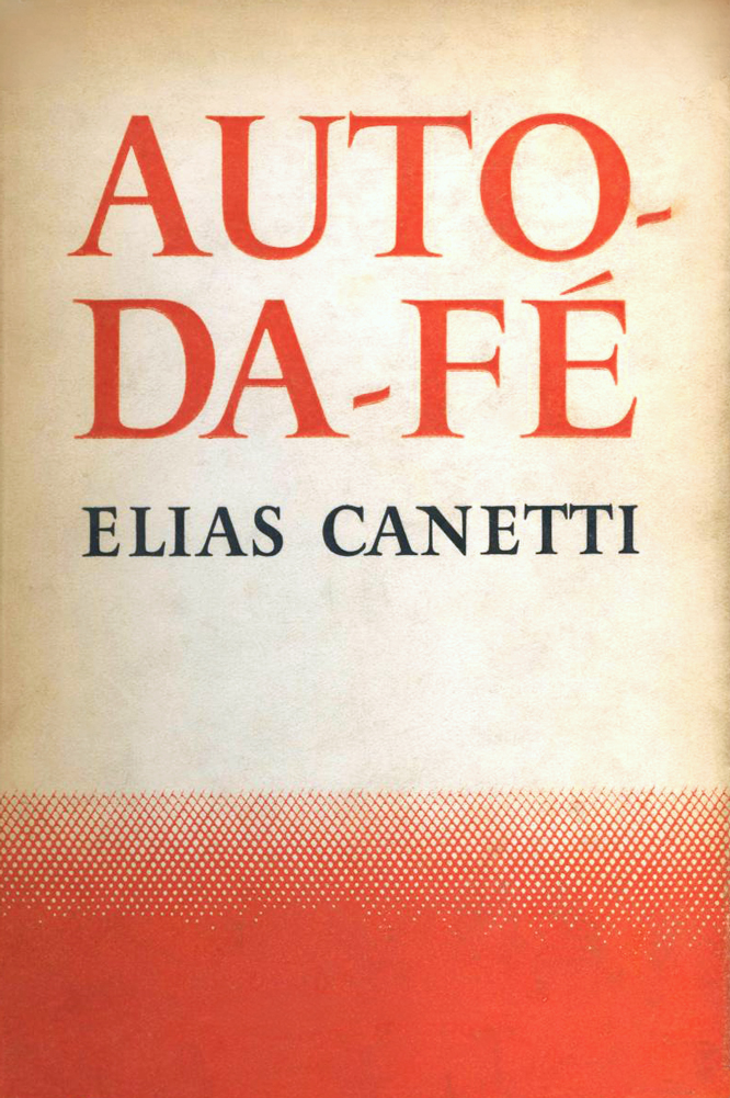 Dust jacket of the 1946 Jonathan Cape edition of Auto-da-Fe, the title set large in red